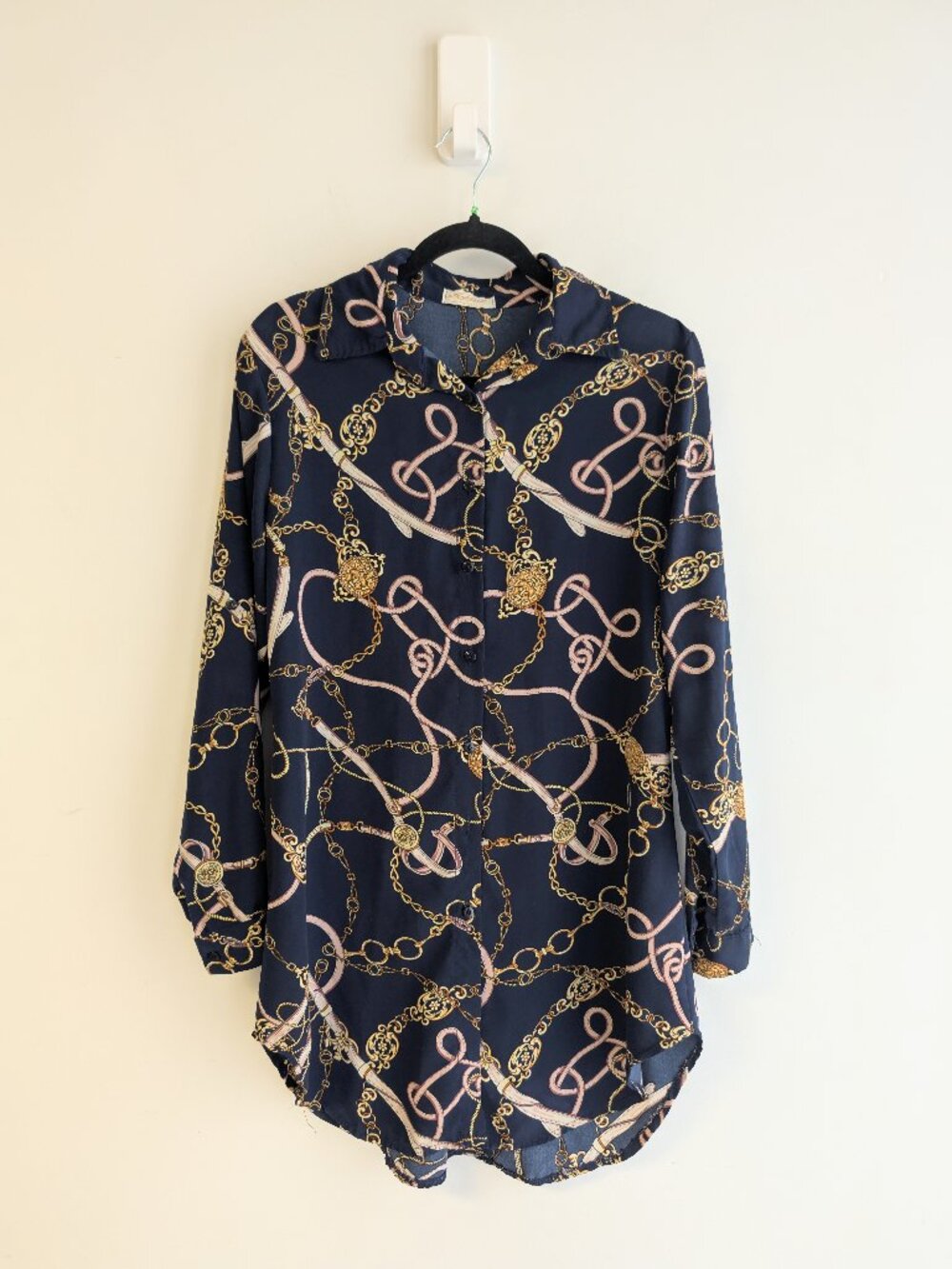 Button up blouse with chain, watch, ribbons and belt print - *missing one button